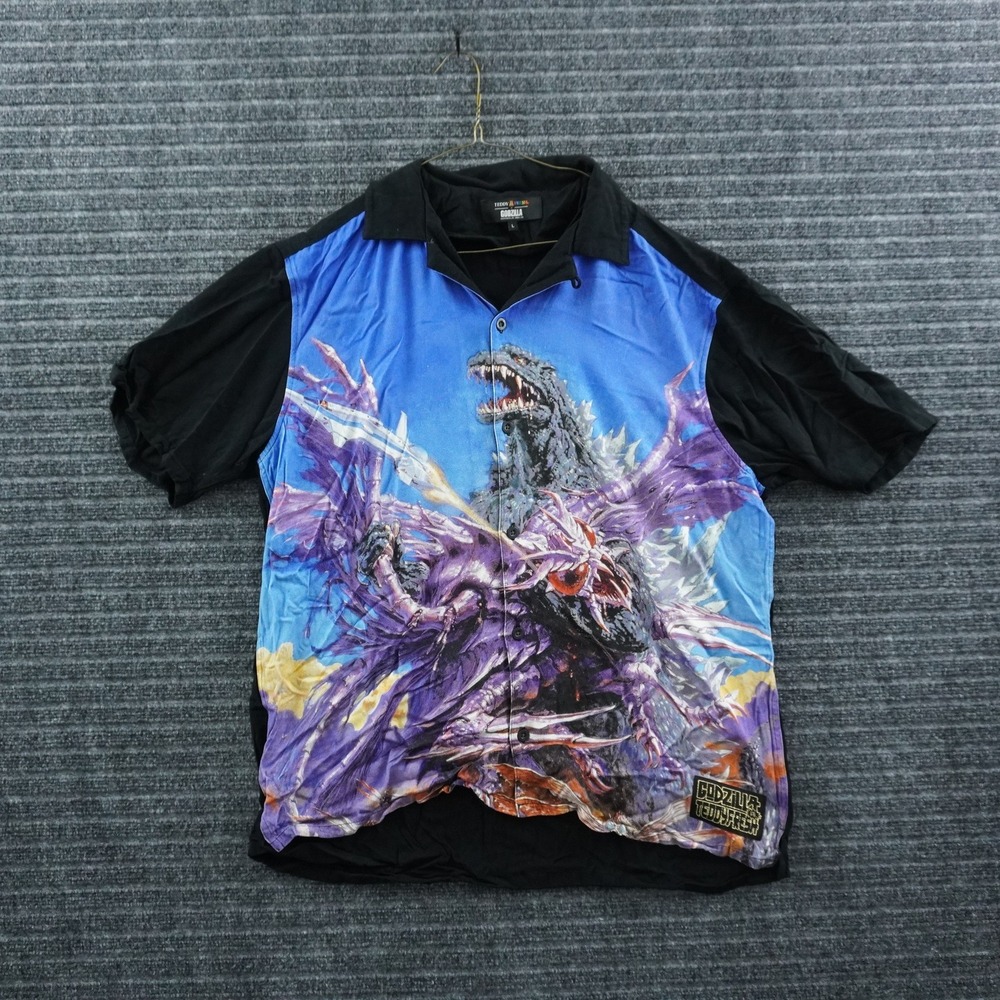 Teddy Fresh Godzilla Button Up Shirt Mens Large Black Blue Graphic Rayon Camp